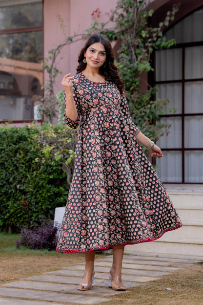 Timeless Blooms hand block print Anarkali Dress