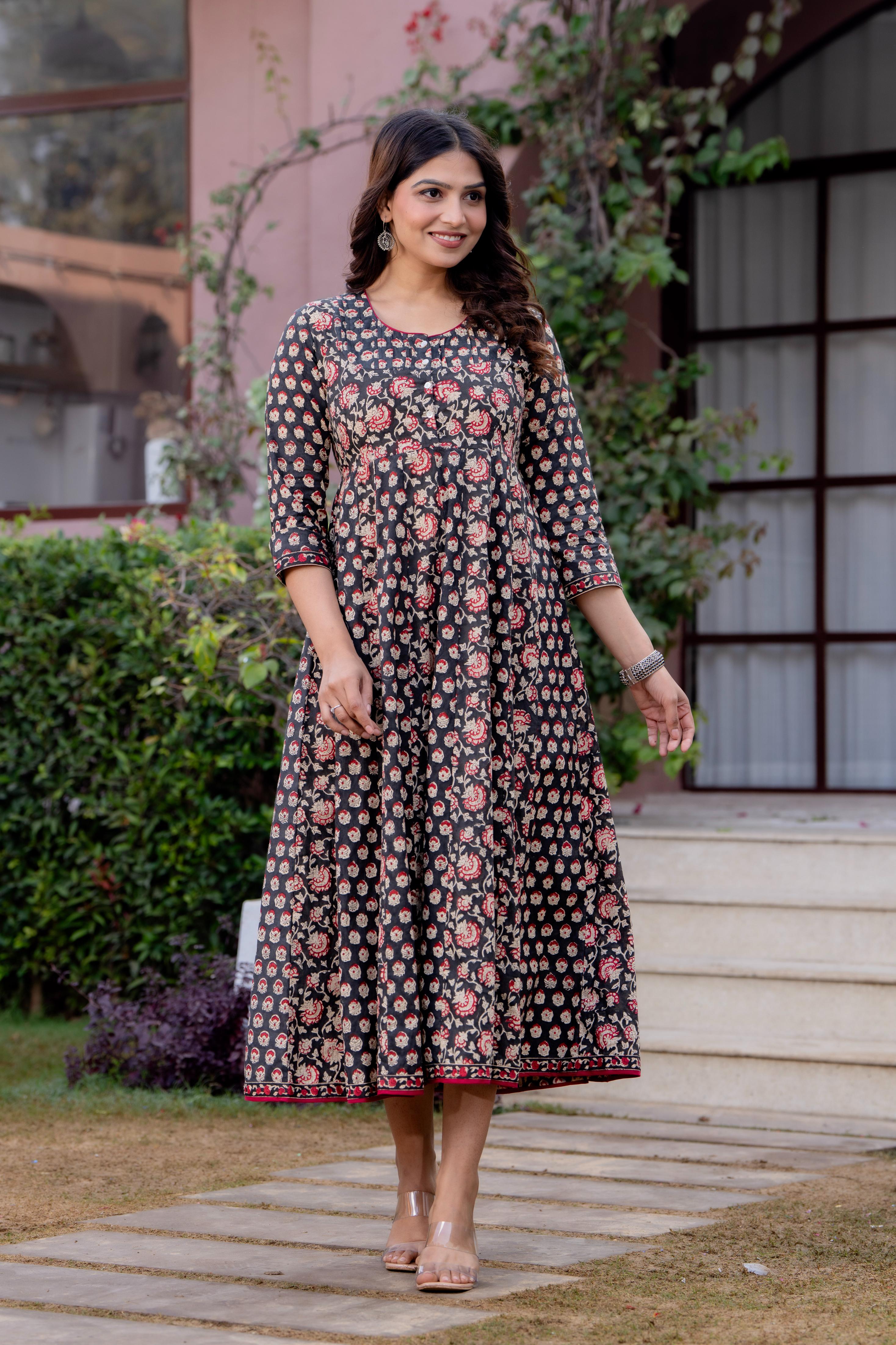 Timeless Blooms hand block print Anarkali Dress