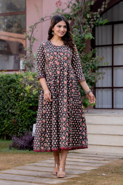 Timeless Blooms hand block print Anarkali Dress