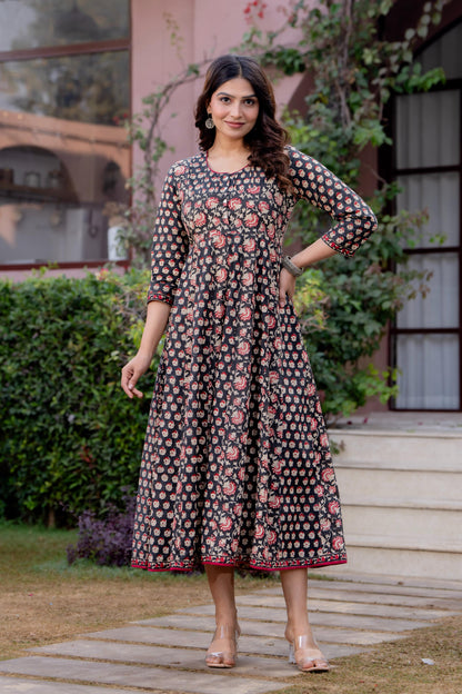 Timeless Blooms hand block print Anarkali Dress