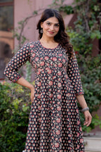 Timeless Blooms hand block print Anarkali Dress