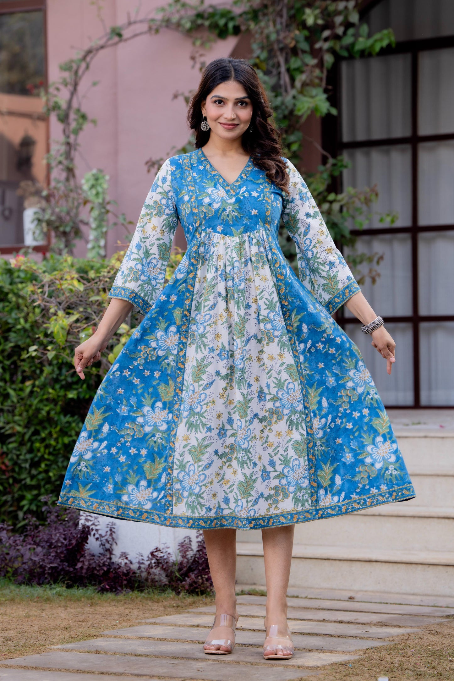 Timeless Blooms hand block print Anarkali Dress