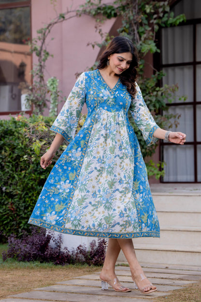 Timeless Blooms hand block print Anarkali Dress