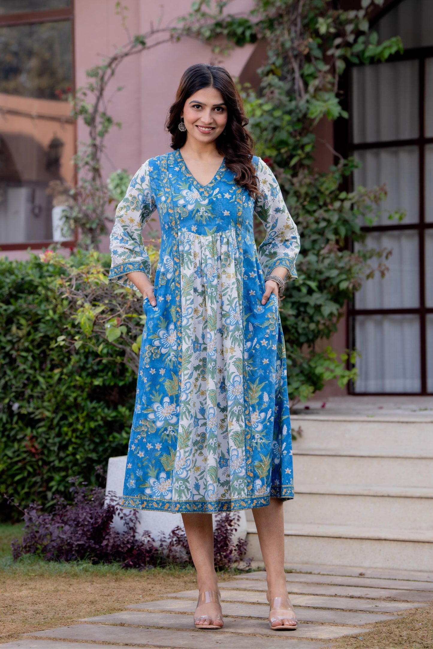 Timeless Blooms hand block print Anarkali Dress