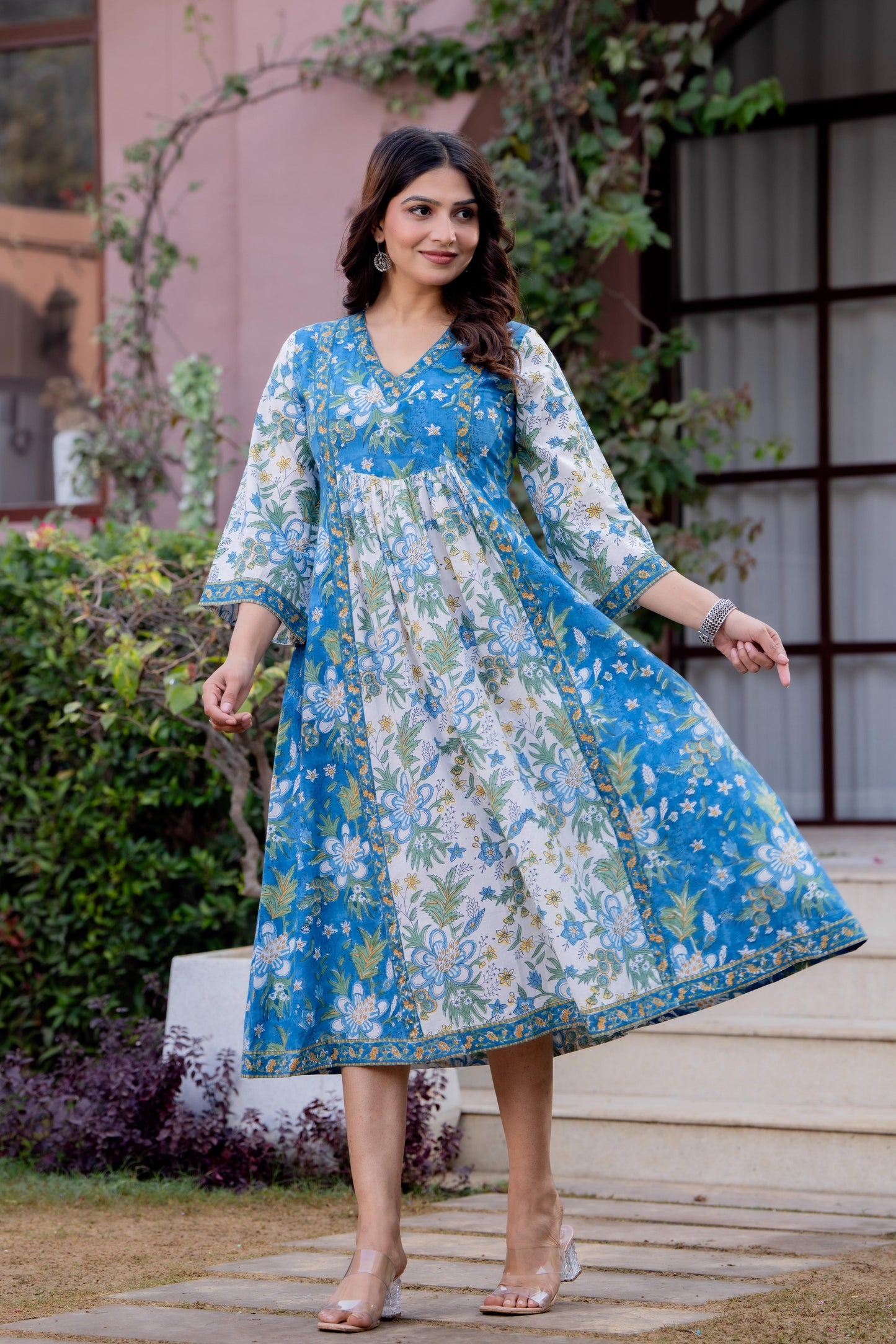 Timeless Blooms hand block print Anarkali Dress