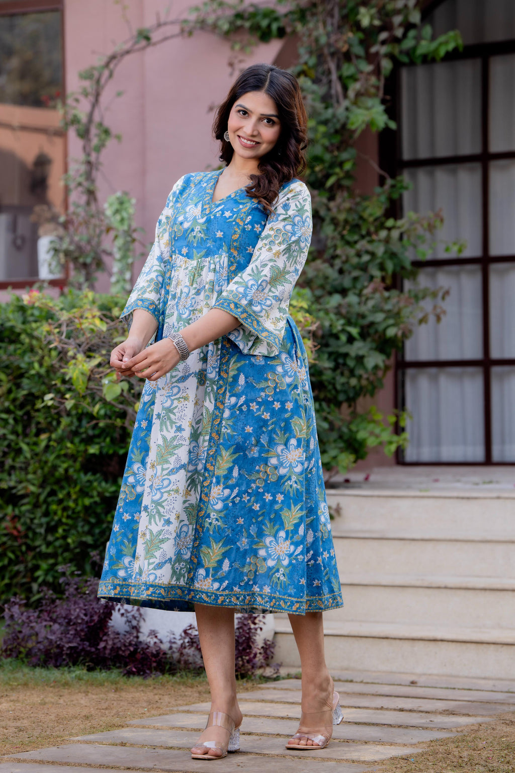 Timeless Blooms hand block print Anarkali Dress