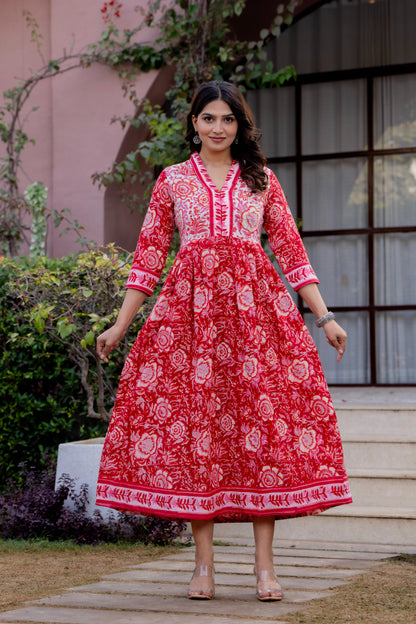 Timeless Blooms hand block print Anarkali Dress