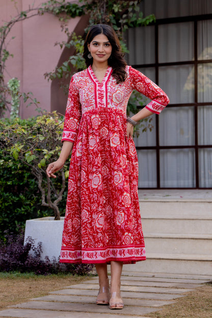 Timeless Blooms hand block print Anarkali Dress