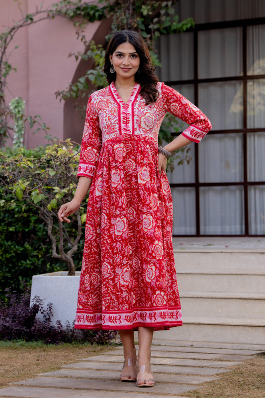 Timeless Blooms hand block print Anarkali Dress