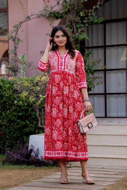 Timeless Blooms hand block print Anarkali Dress