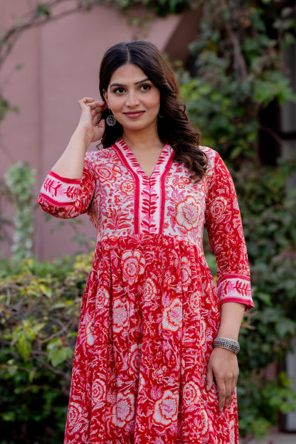 Timeless Blooms hand block print Anarkali Dress