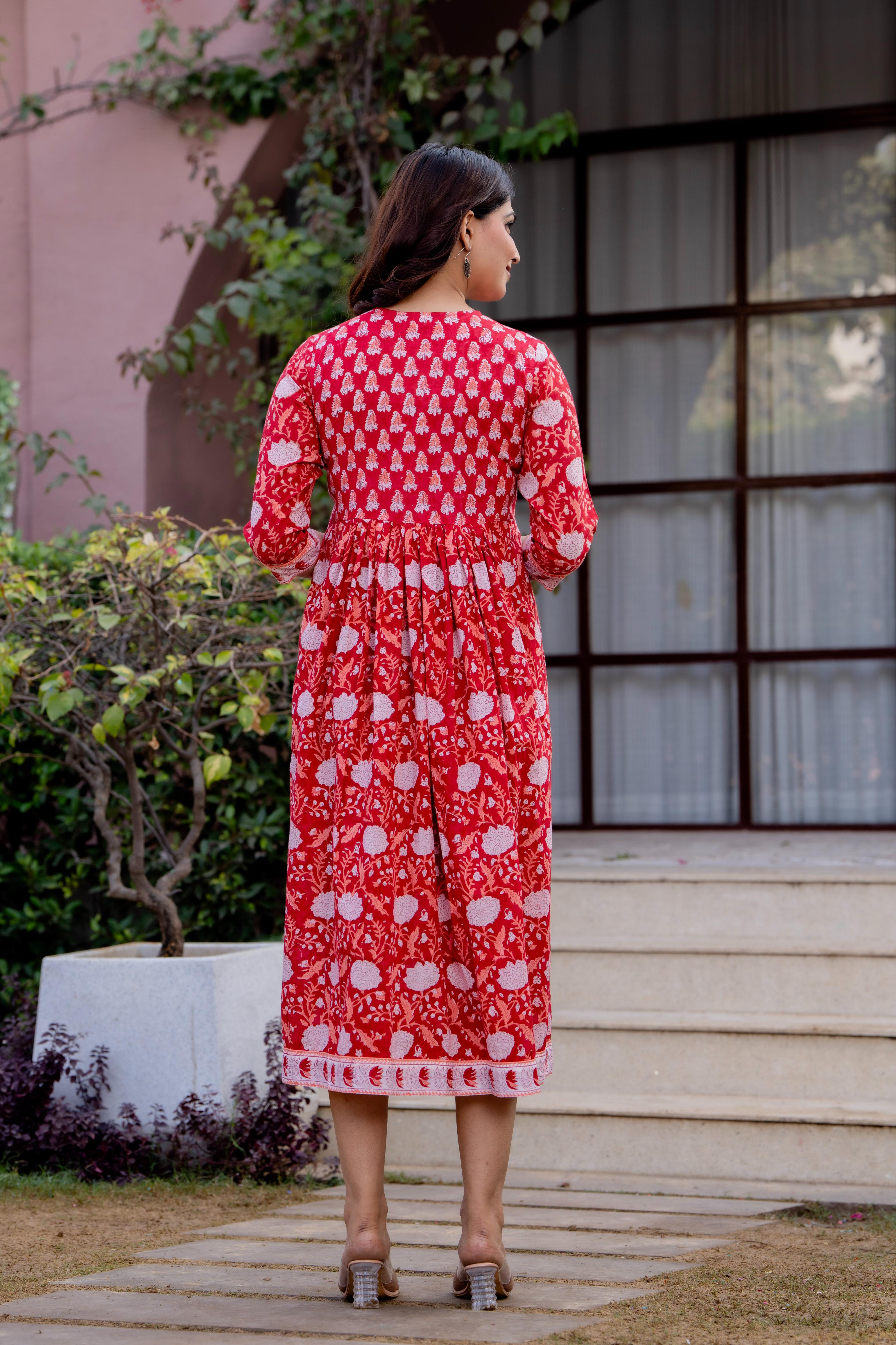 Timeless Blooms hand block print Anarkali Dress
