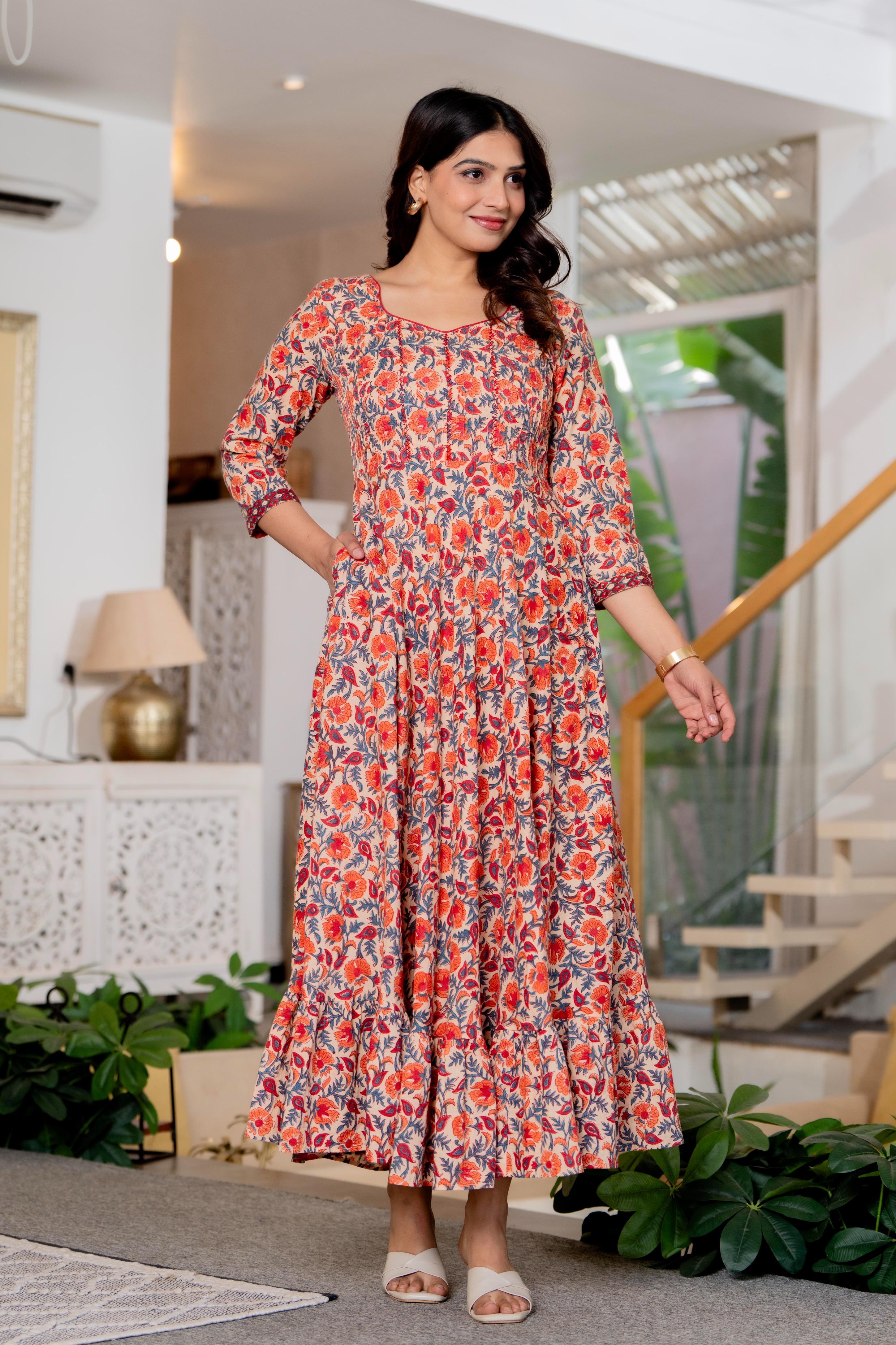 Hand Block Printed Cotton Long Dress -the heritage