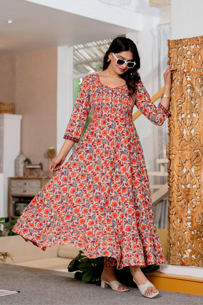 Hand Block Printed Cotton Long Dress -the heritage