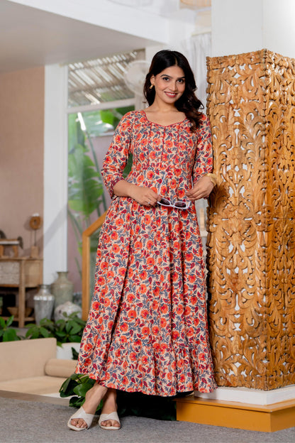 Hand Block Printed Cotton Long Dress -the heritage