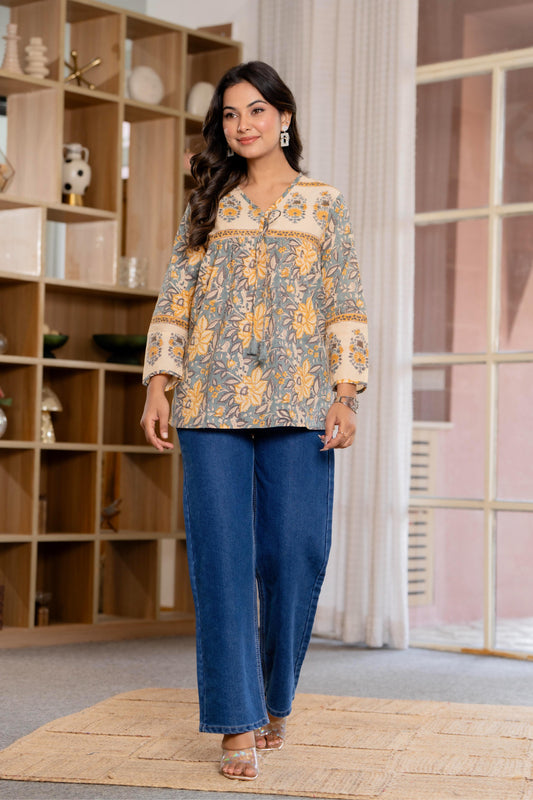 Floral Block print Soft Cotton Short Top