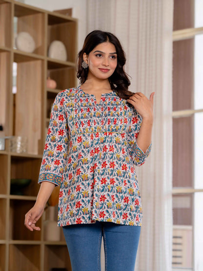 Floral Block print Soft Cotton Short Top