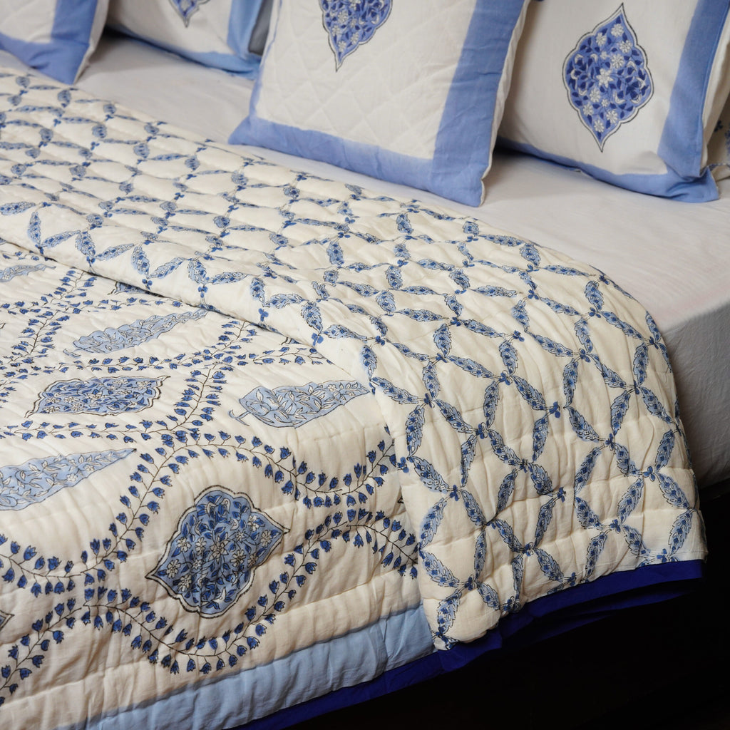 Blue Mugal Jaal Hand Block Printed Reversible Jaipuri Quilt By Jaipur Hastkar
