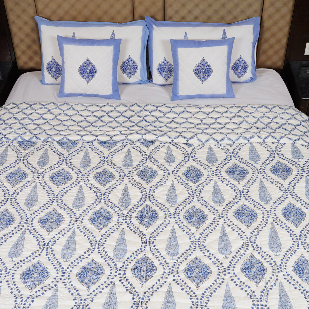 Blue Mugal Jaal Hand Block Printed Reversible Jaipuri Quilt By Jaipur Hastkar