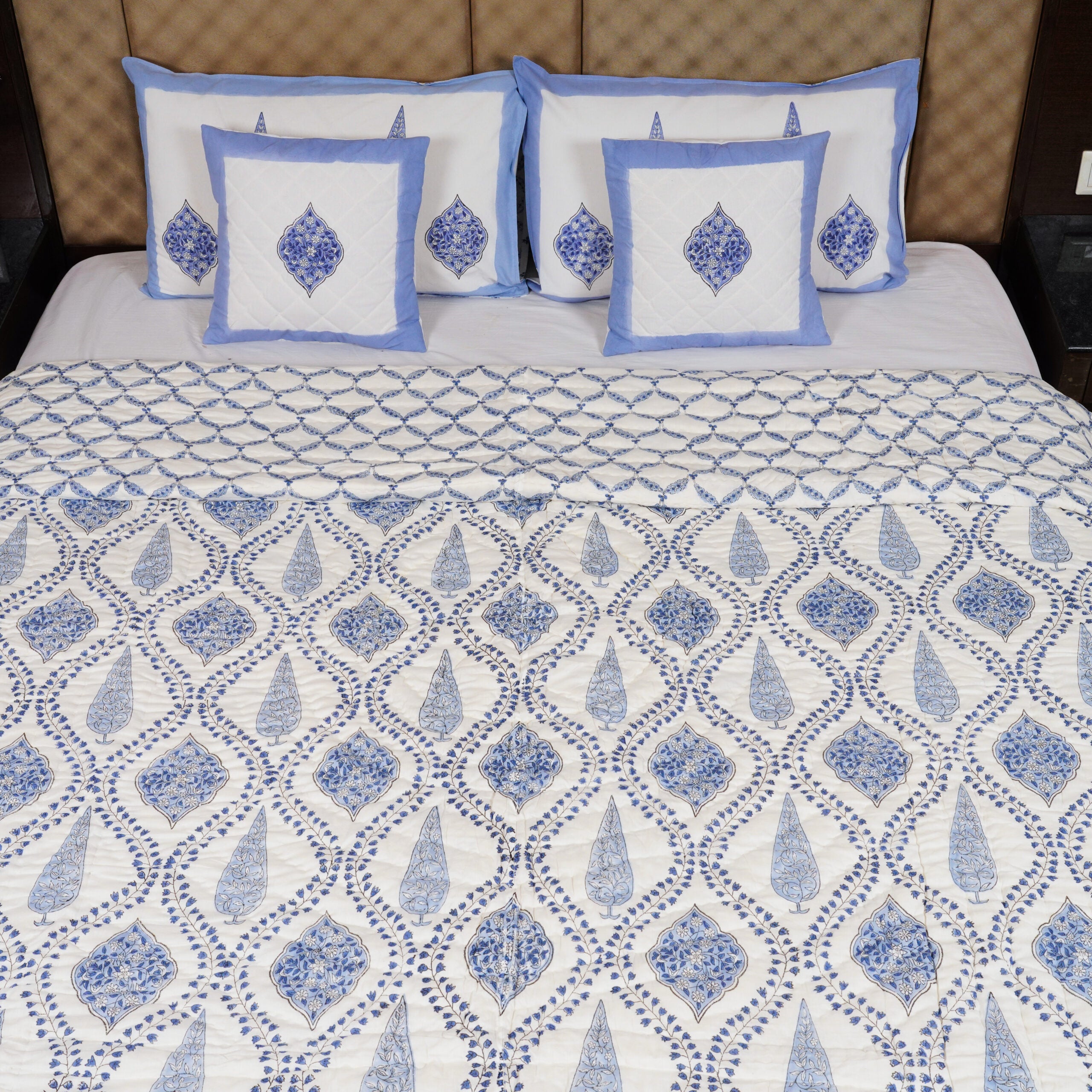 Blue Mugal Jaal Hand Block Printed Reversible Jaipuri Quilt By Jaipur Hastkar