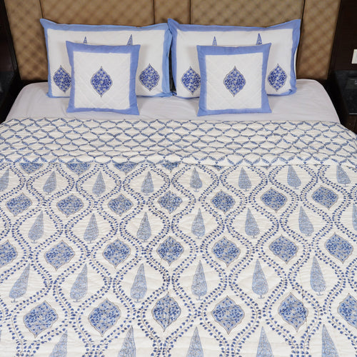 Blue Mugal Jaal Hand Block Printed Reversible Jaipuri Quilt By Jaipur Hastkar