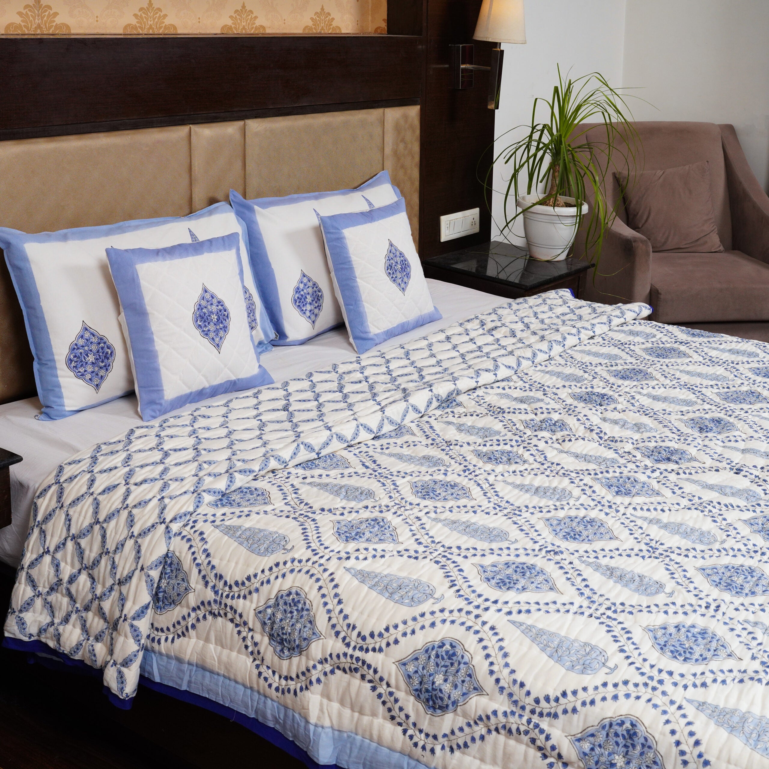 Blue Mugal Jaal Hand Block Printed Reversible Jaipuri Quilt By Jaipur Hastkar