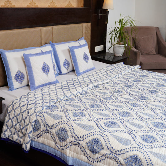 Blue Mugal Jaal Hand Block Printed Reversible Jaipuri Quilt By Jaipur Hastkar