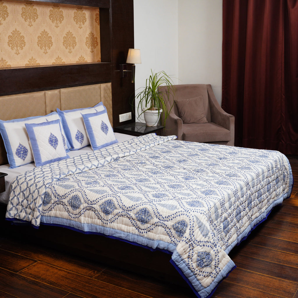 Blue Mugal Jaal Hand Block Printed Reversible Jaipuri Quilt By Jaipur Hastkar