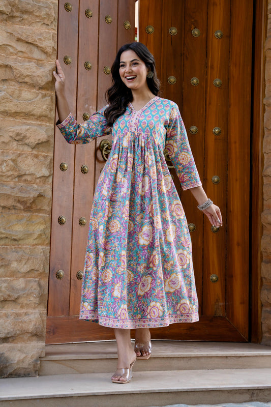 Hand Block Printed Cotton Long Dress -the heritage
