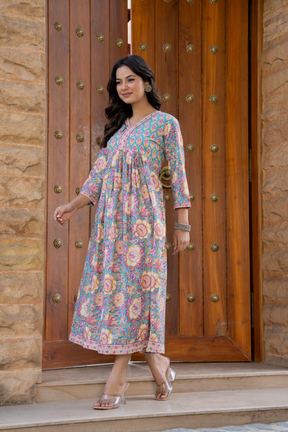Hand Block Printed Cotton Long Dress -the heritage