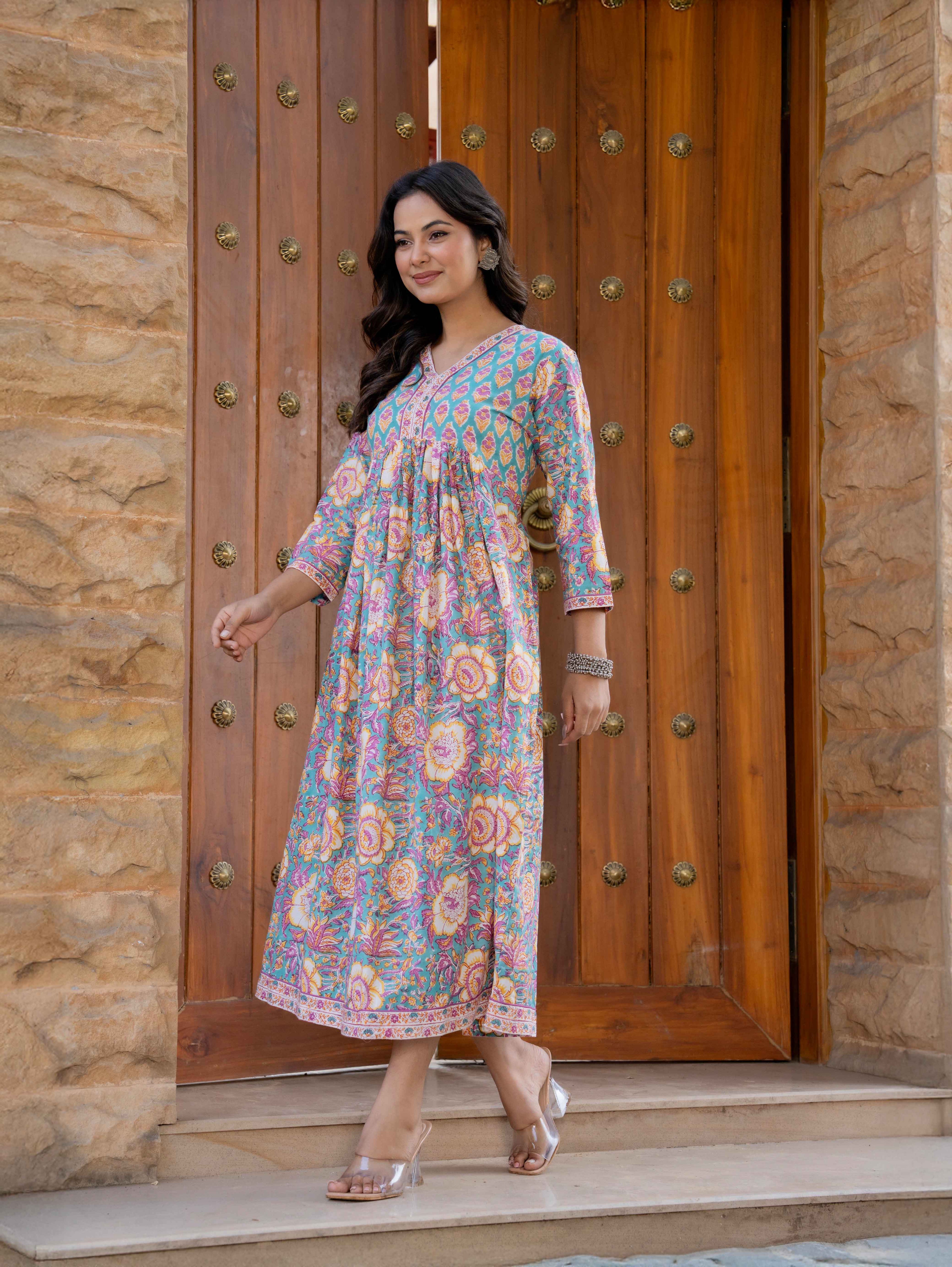 Hand Block Printed Cotton Long Dress -the heritage
