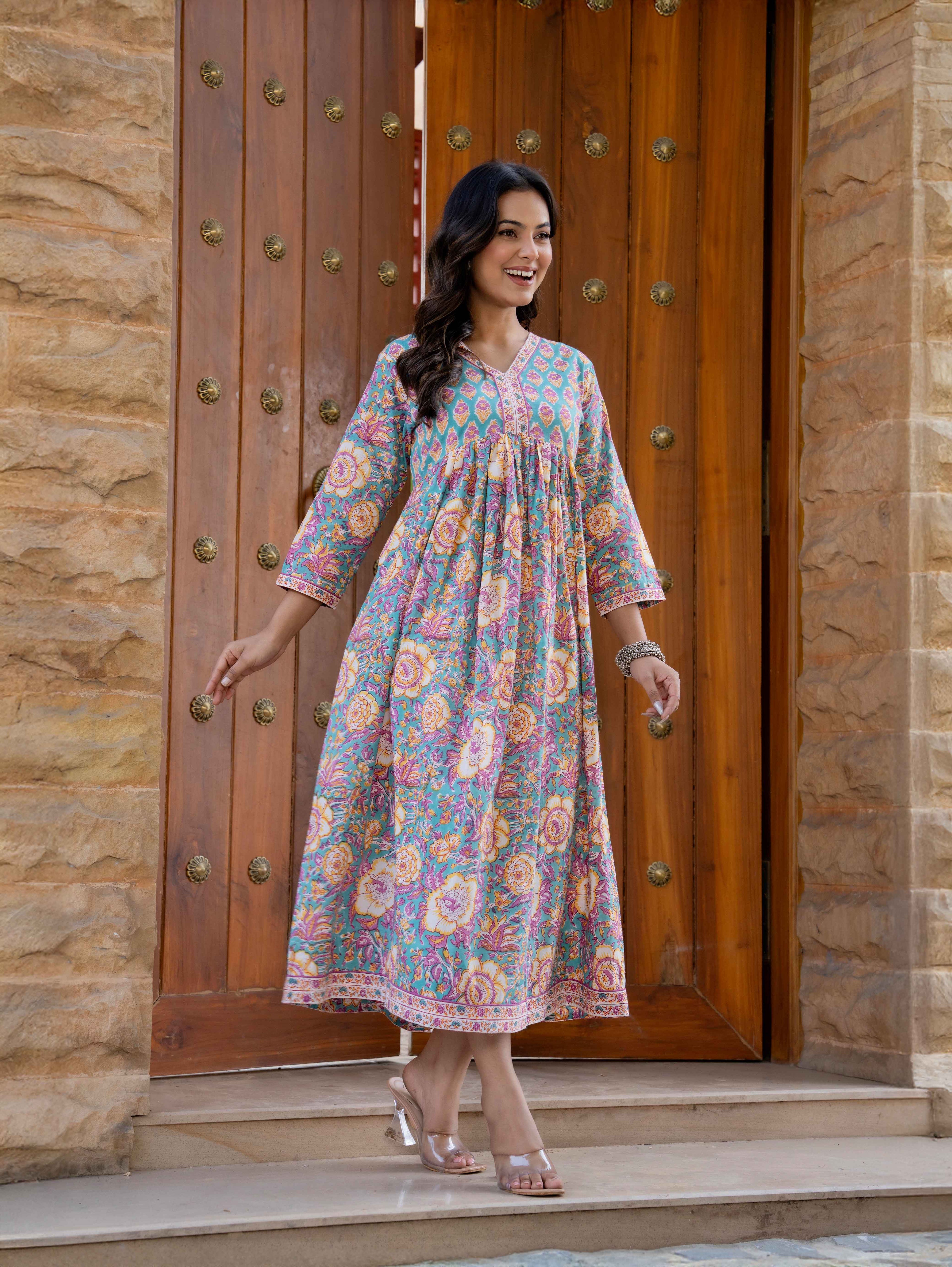 Hand Block Printed Cotton Long Dress -the heritage