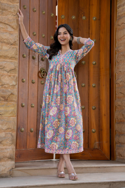 Hand Block Printed Cotton Long Dress -the heritage