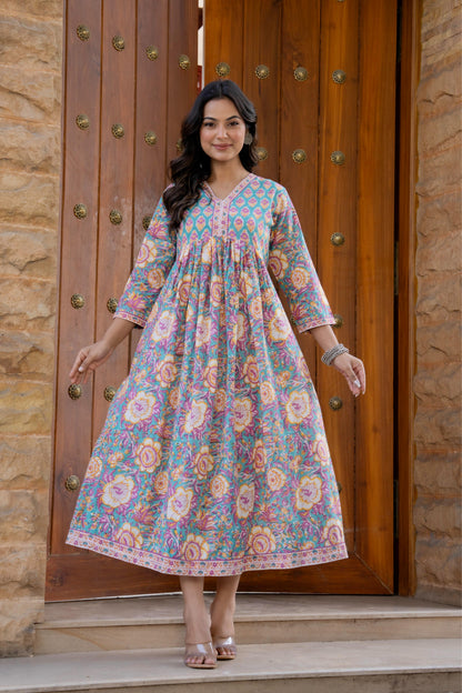 Hand Block Printed Cotton Long Dress -the heritage
