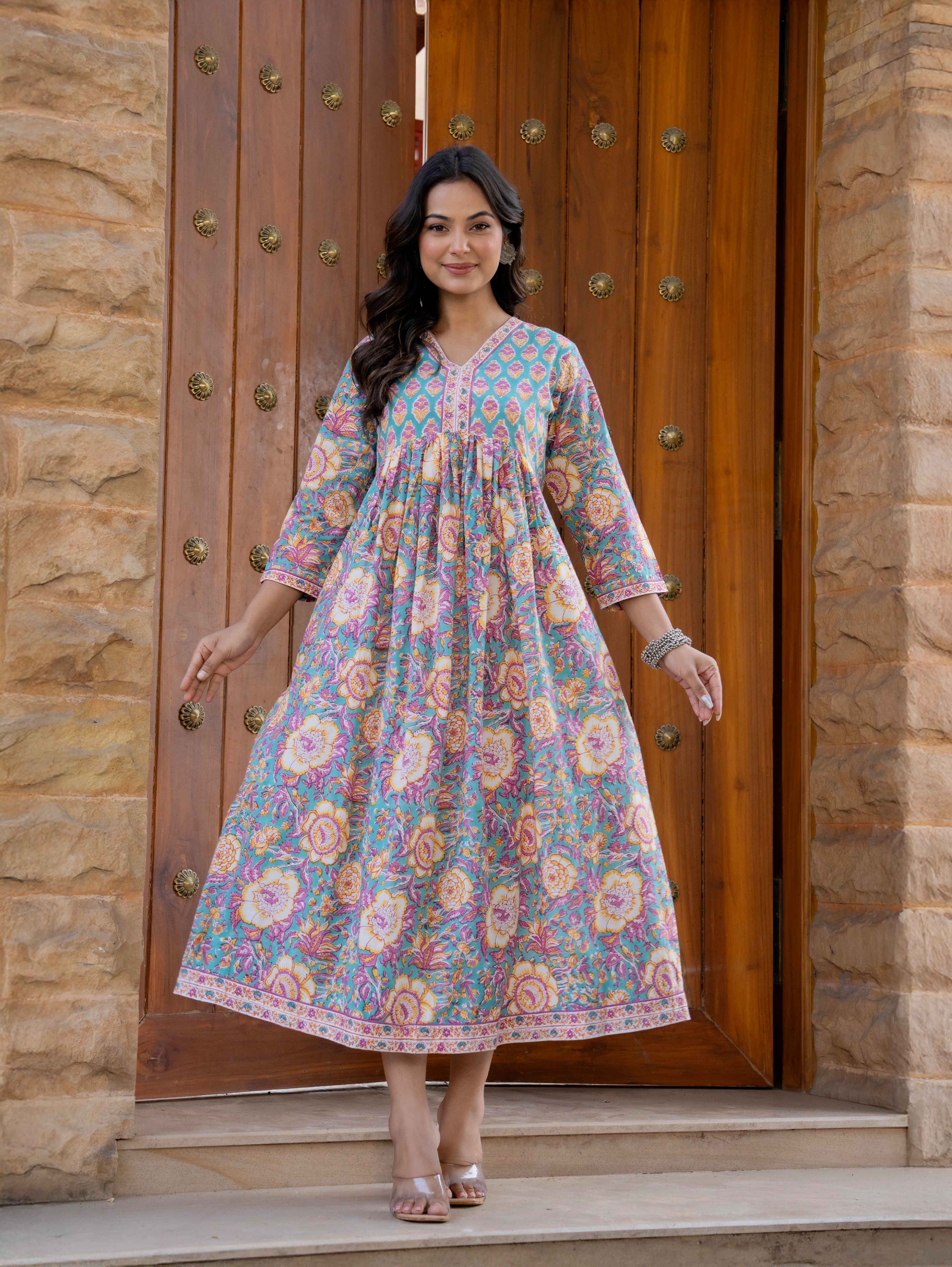 Hand Block Printed Cotton Long Dress -the heritage