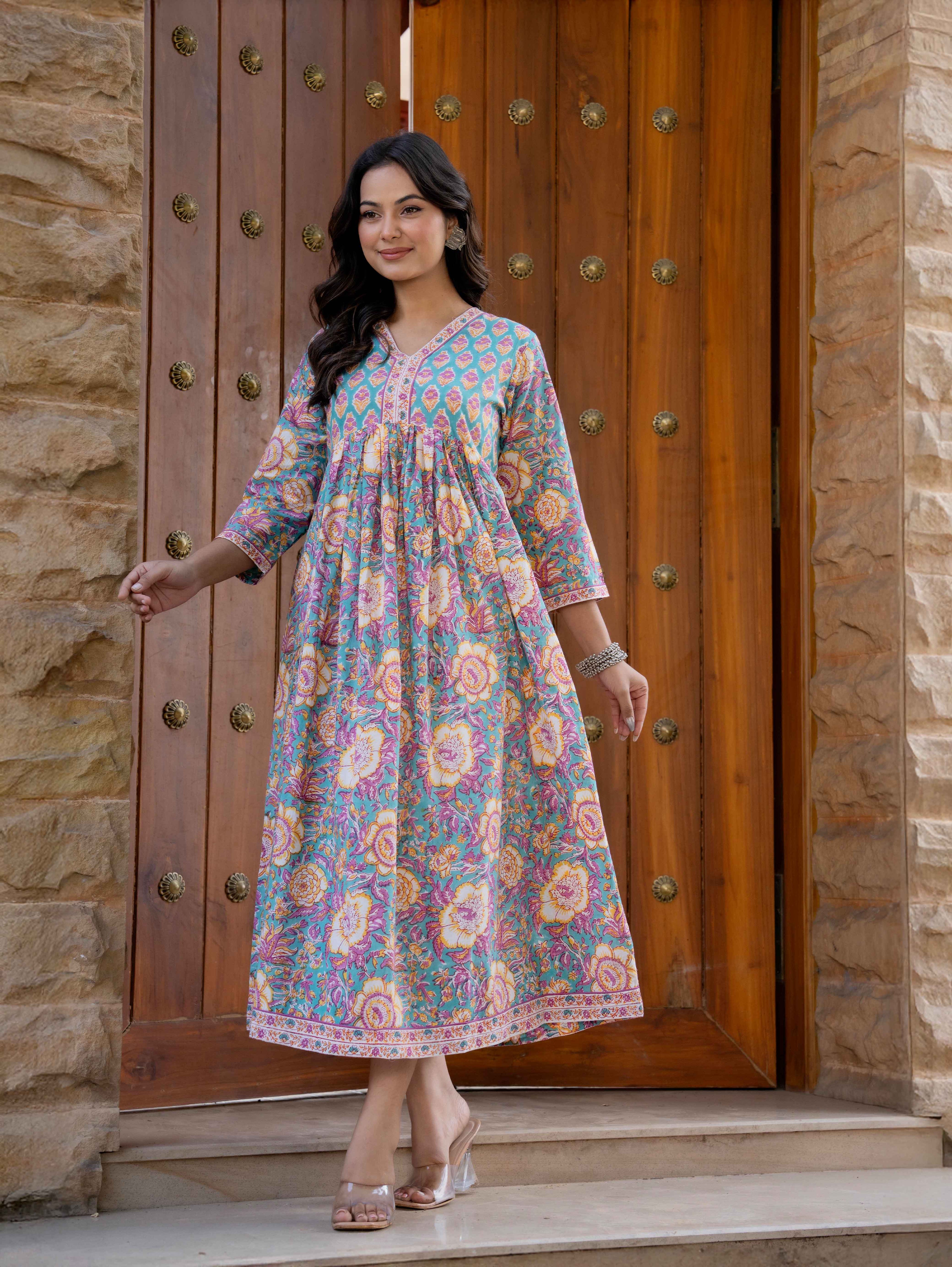 Hand Block Printed Cotton Long Dress -the heritage