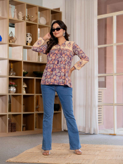 Floral Block print Soft Cotton Short Top