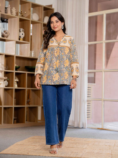 Floral Block print Soft Cotton Short Top