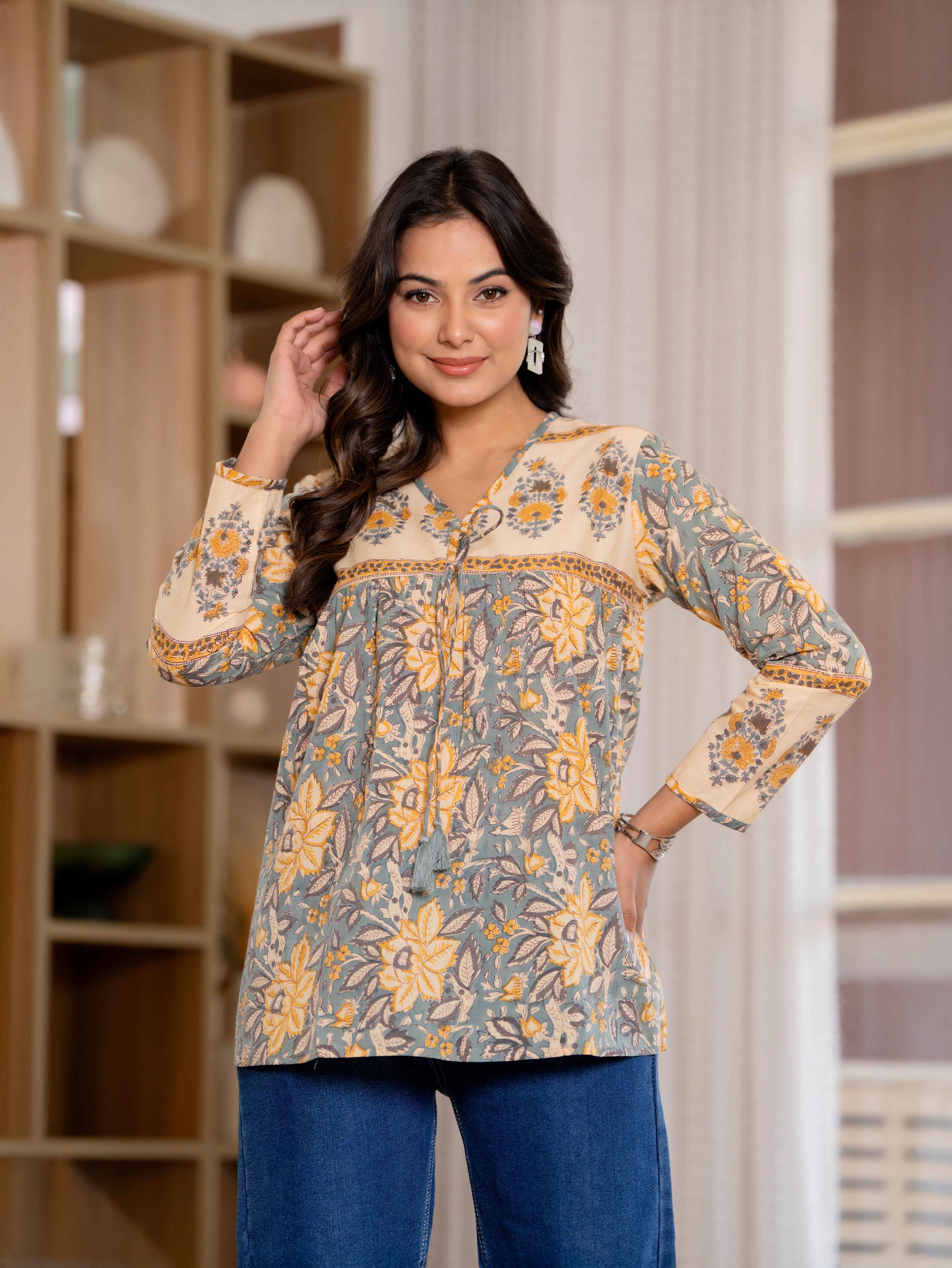 Floral Block print Soft Cotton Short Top