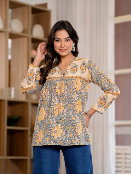 Floral Block print Soft Cotton Short Top