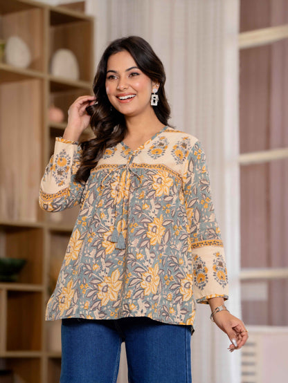Floral Block print Soft Cotton Short Top