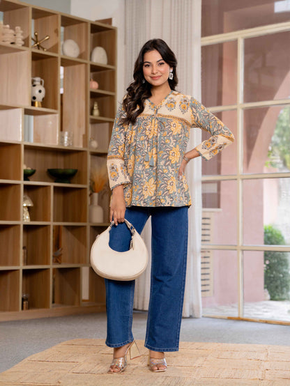 Floral Block print Soft Cotton Short Top