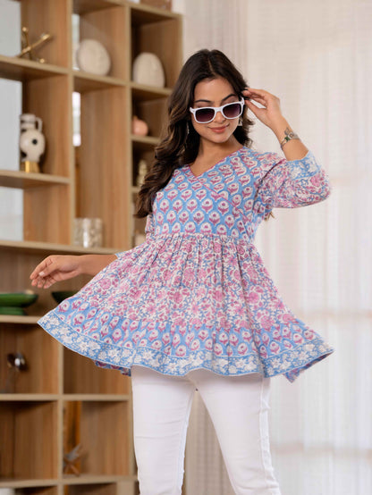 Floral Block print Soft Cotton Short Top