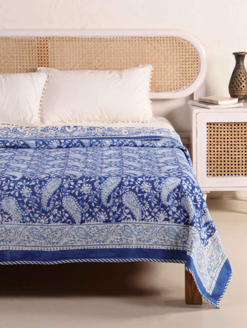BLUE MUGHAL PAISLEY HAND BLOCK PRINT REVERSIBLE COTTON DOHARS