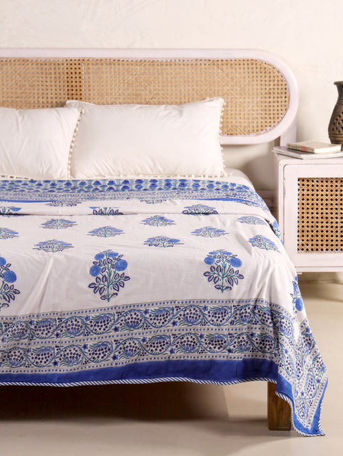 CLASSIC BLUE BUTTI HAND BLOCK PRINT REVERSIBLE COTTON DOHARS