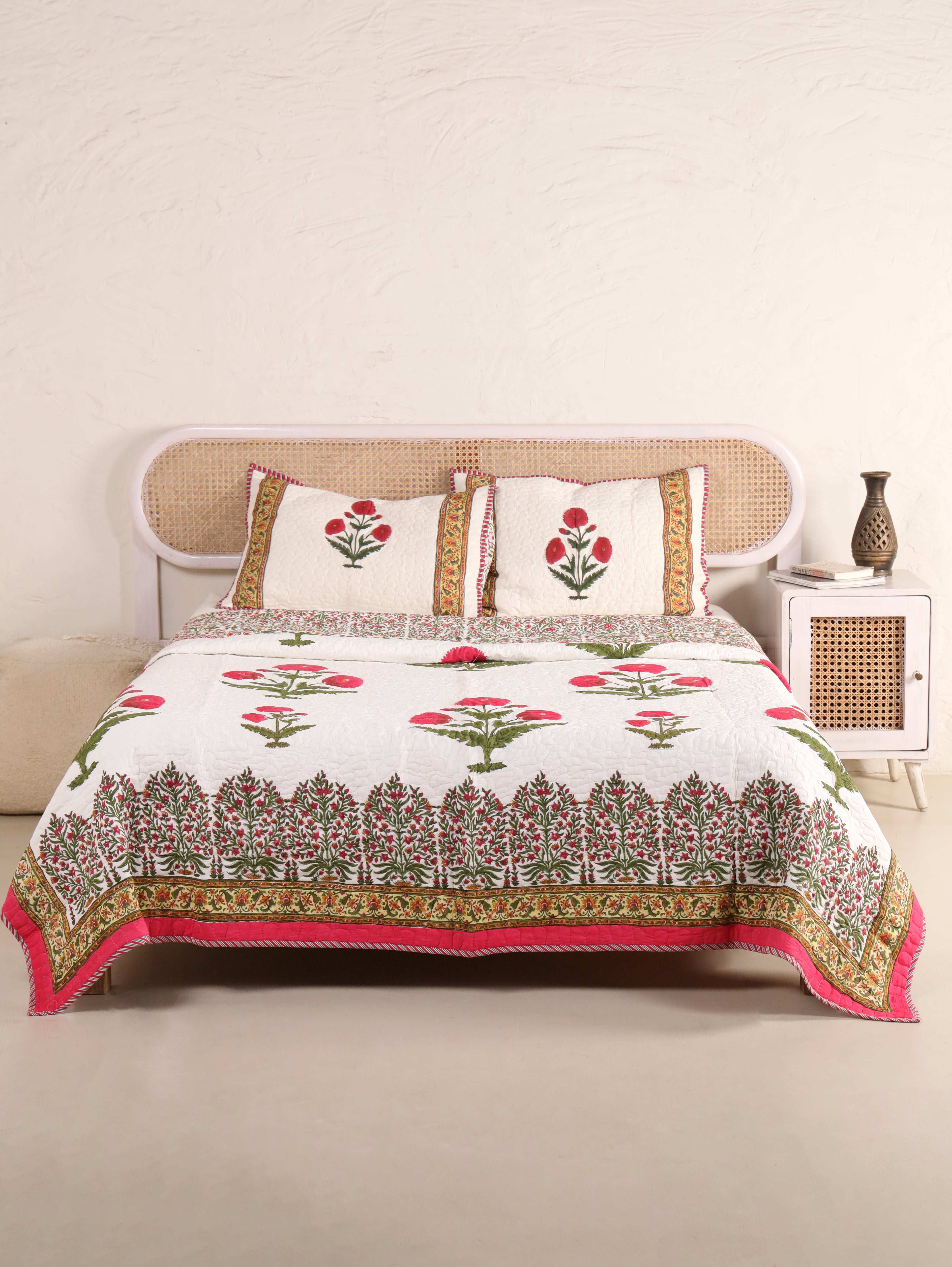 ROYAL RED POPPY HAND BLOCK PRINT QUILTED BEDCOVER /COMFORTER