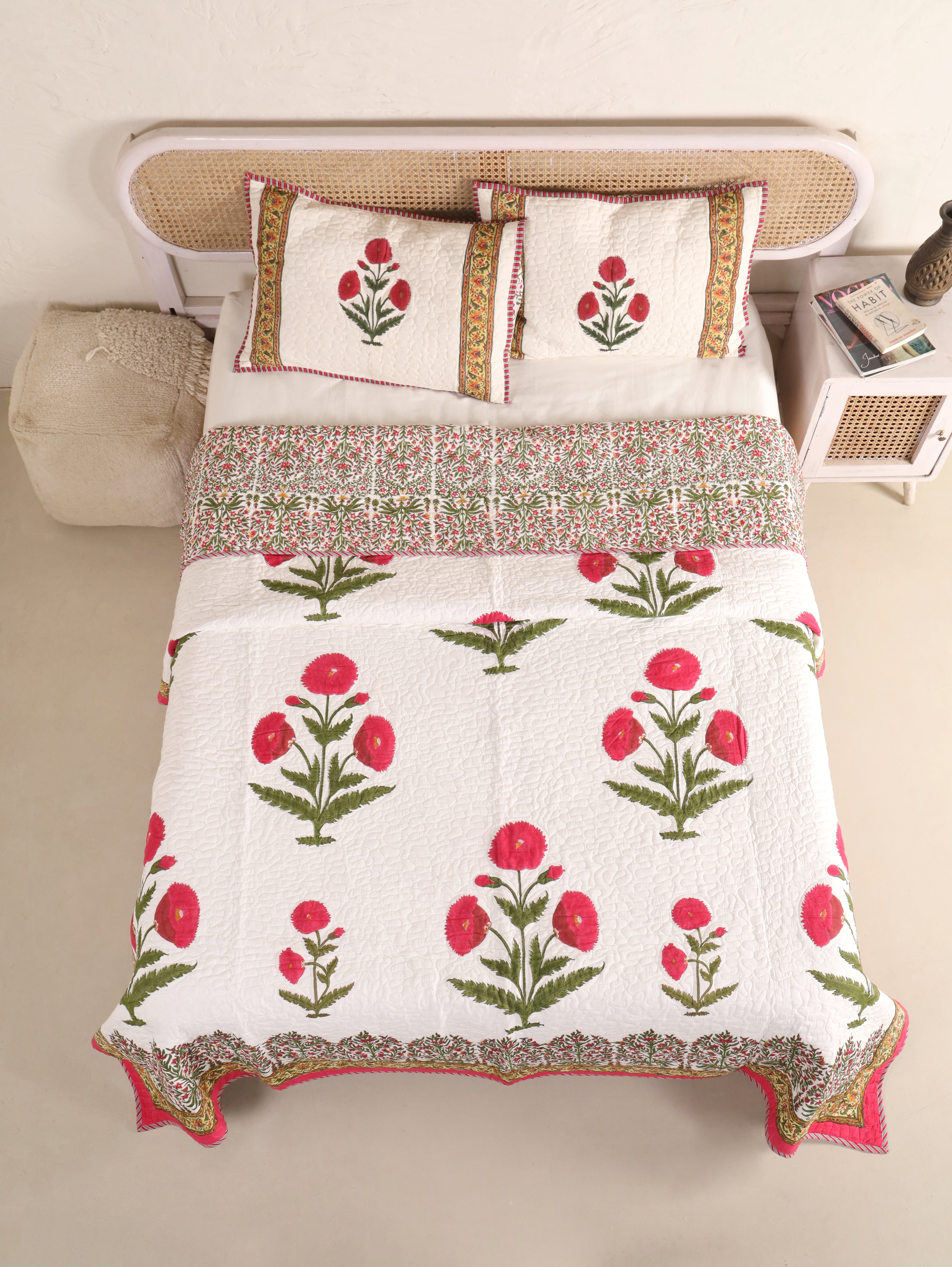 ROYAL RED POPPY HAND BLOCK PRINT QUILTED BEDCOVER /COMFORTER