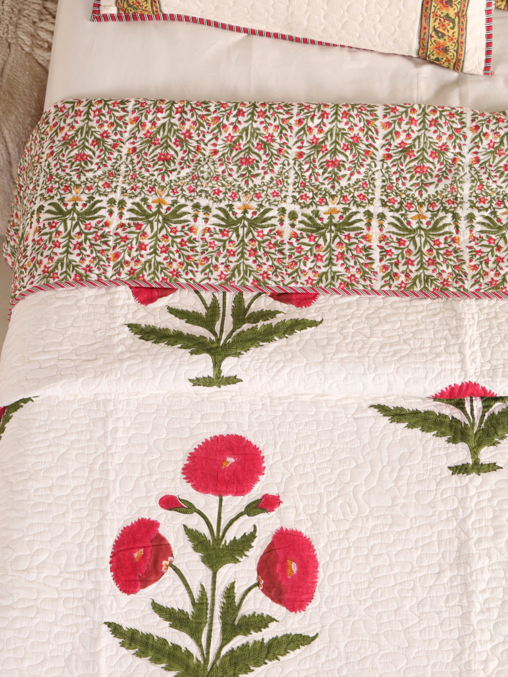 ROYAL RED POPPY HAND BLOCK PRINT QUILTED BEDCOVER /COMFORTER