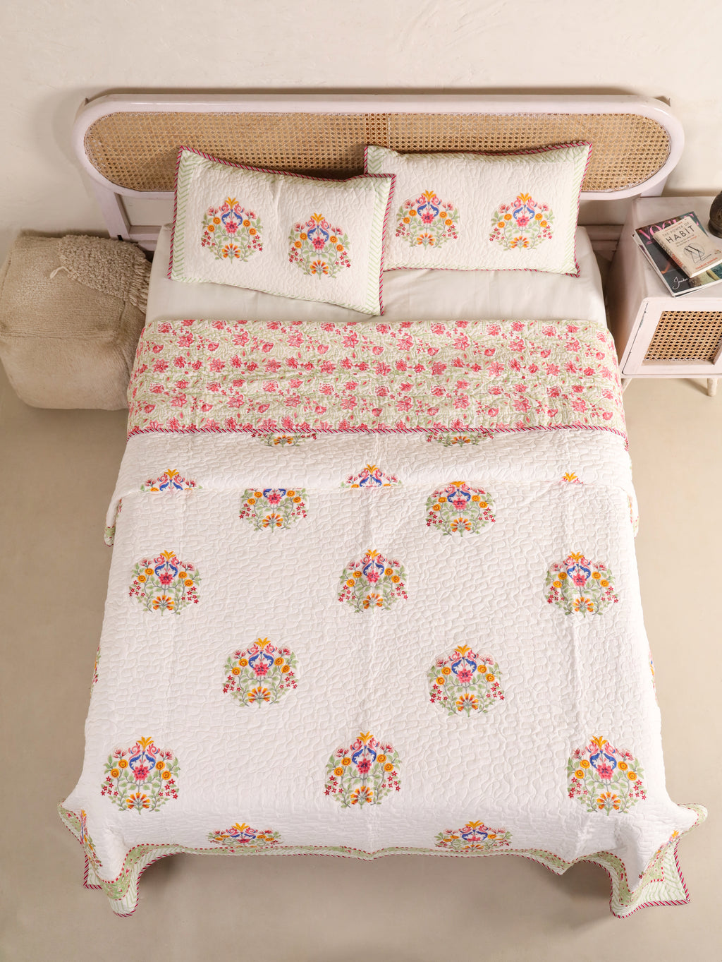 MULTI COLOUR MUGHAL BUTTA HAND BLOCK PRINT QUILTED BEDCOVER /COMFORTER
