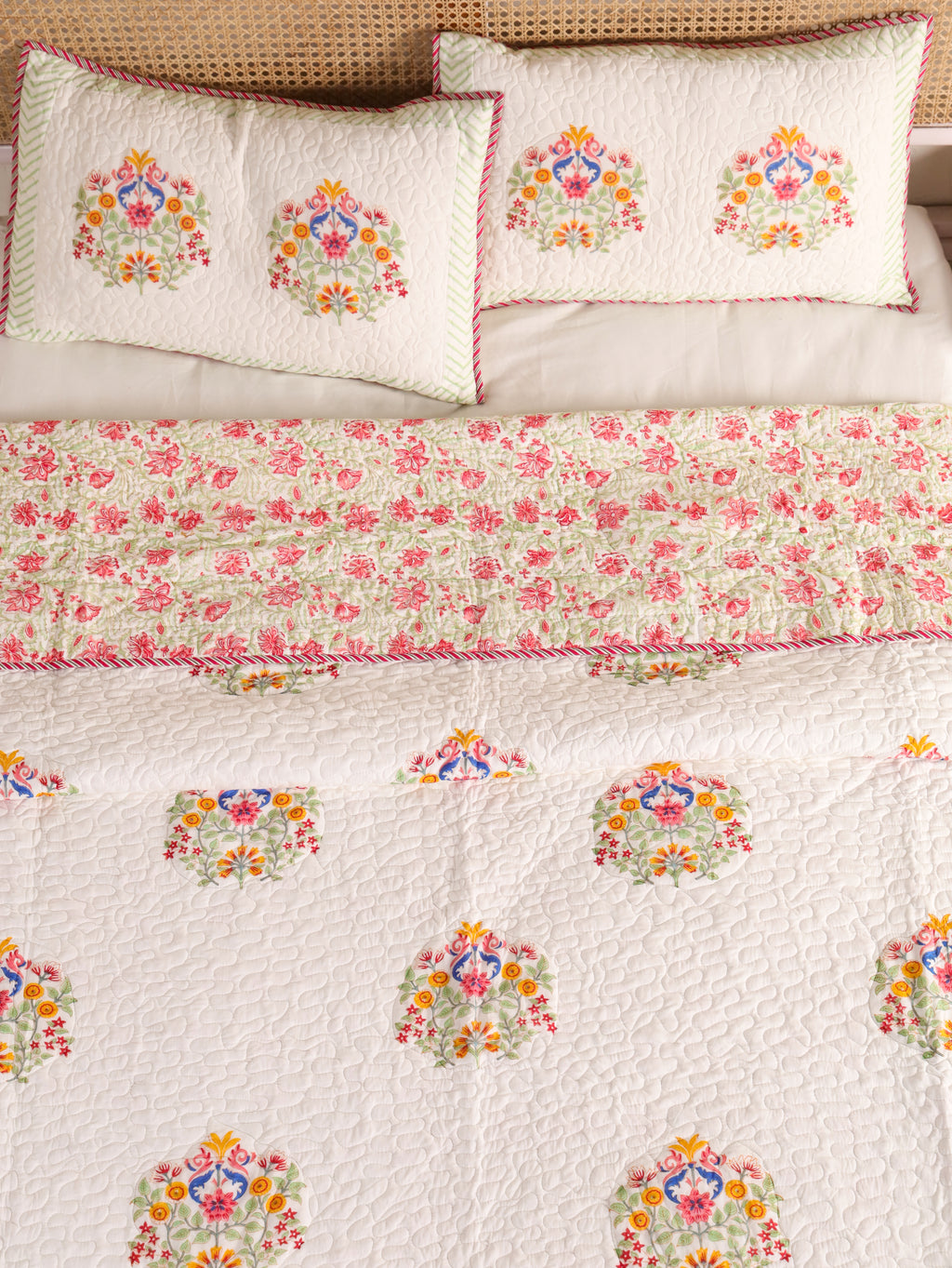 MULTI COLOUR MUGHAL BUTTA HAND BLOCK PRINT QUILTED BEDCOVER /COMFORTER